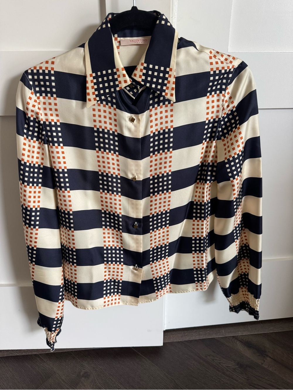 Valentino Navy, Cream & Rust Geometric Silk Shirt